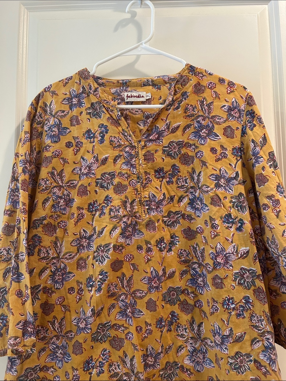 Fabindia Vintage Mustard Gold Floral Kunta Top embroider Vneck stitching top XXL